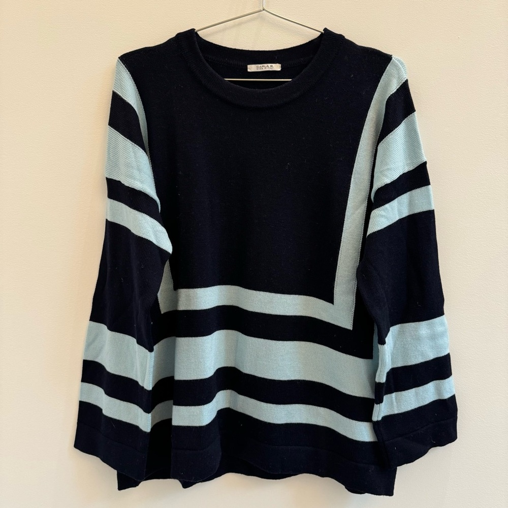 Elegant Navy and Light Aqua Striped Women's Sweater